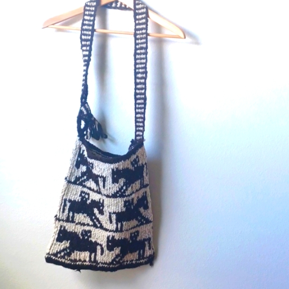 Vintage Woolen Hand Knit Native American Shoulder Bag Sack Horses Crossbody